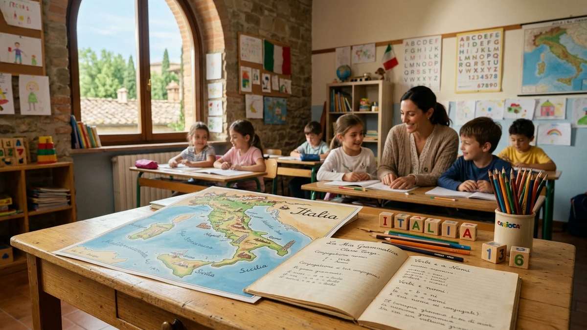 Aula di scuola primaria italiana con maestro, cartina geografica e quaderni di grammatica